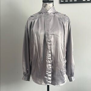 80s Gray Satin Blouse with High Collar and pearls rhinestones details